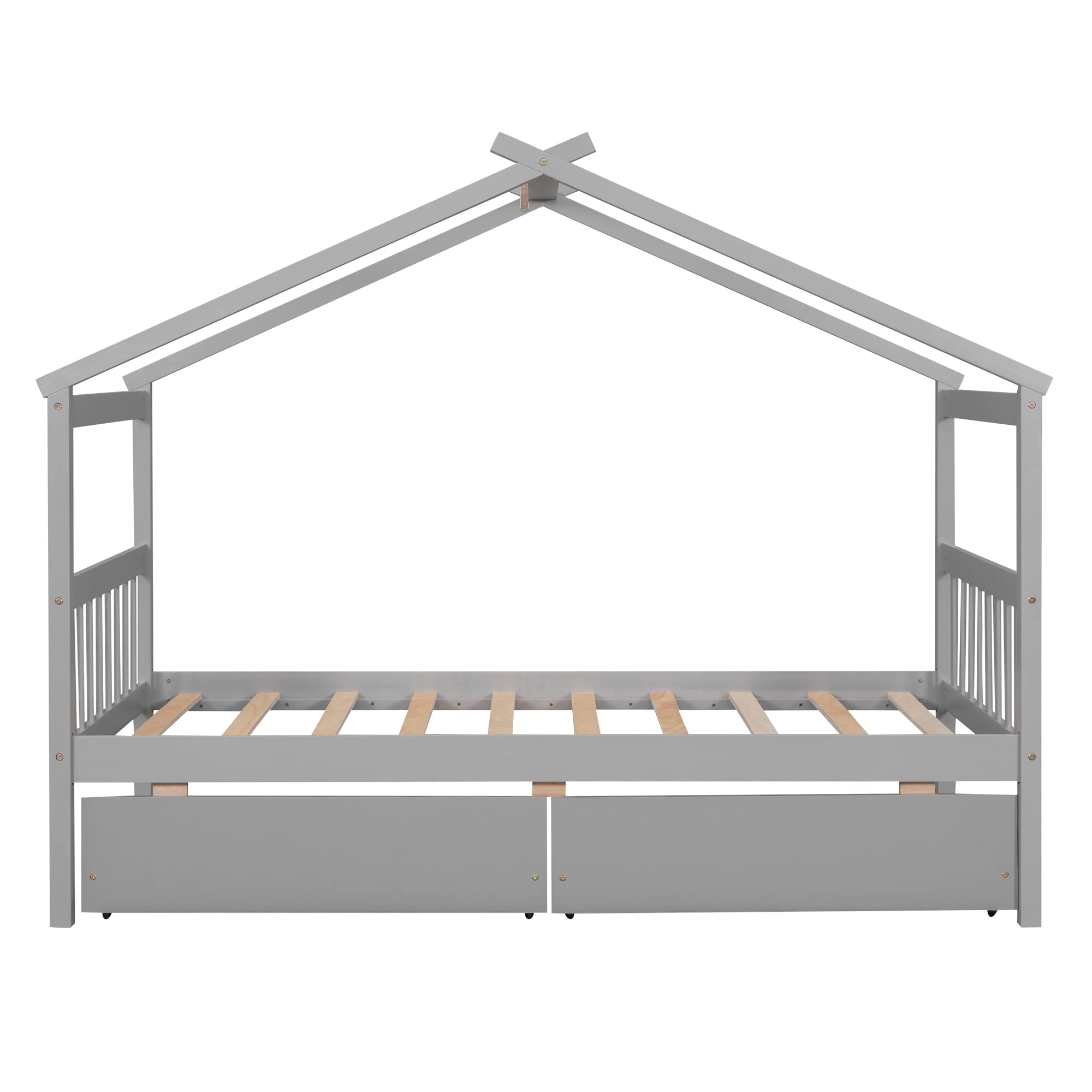 Harper & Bright Designs Twin Size Wooden House Bed for Kids with Storage Drawers - Sturdy Kids Bed Frame with Roof Design for Boys & Girls, Grey - Perfect for Bedrooms, Playrooms & Kids' Sleepovers
