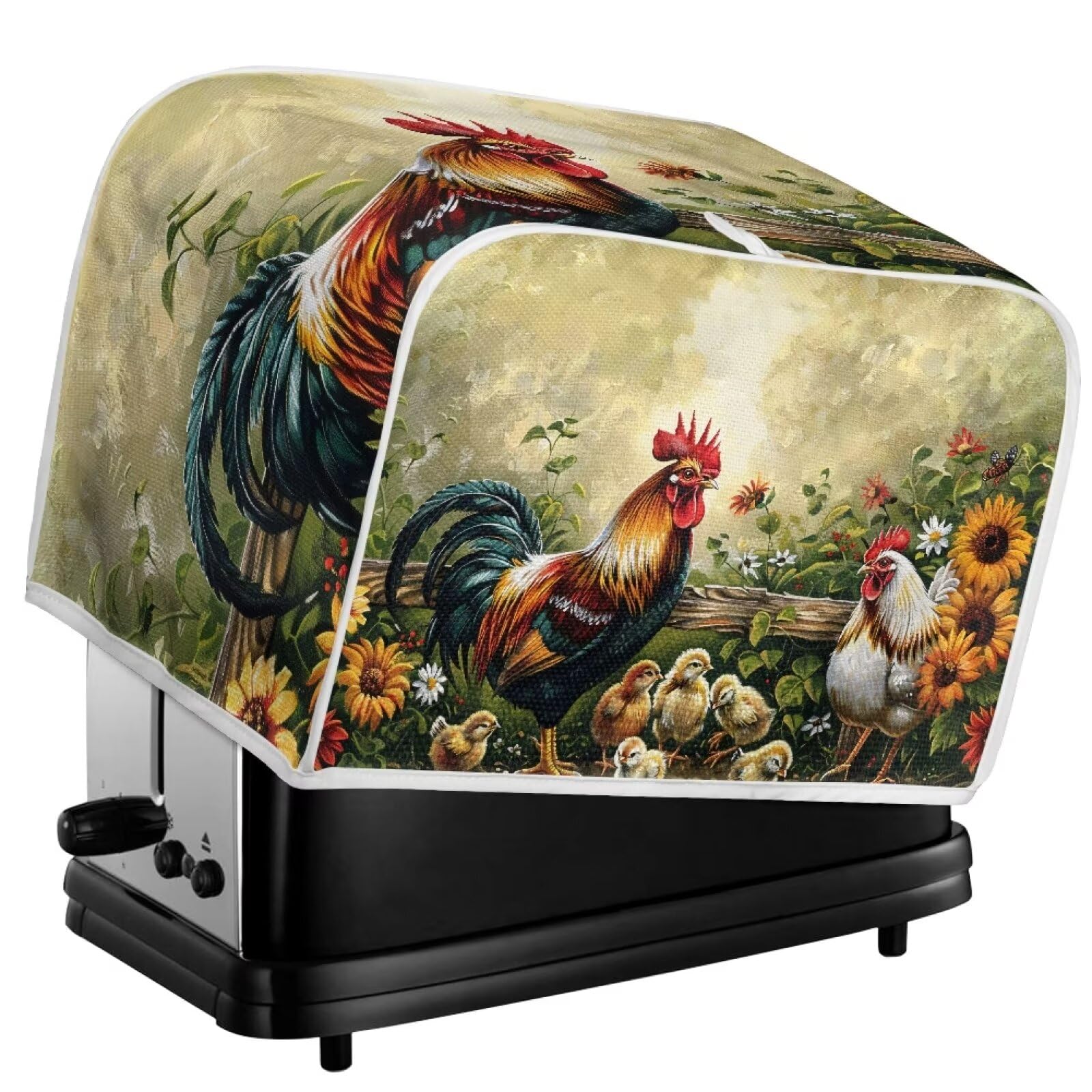 ZDCUSTOM Heat-Resistant Toaster Cover with Top Hook - Anti-Splash, Washable Dust Protector for Toaster Ovens (Rooster & Sunflower Design) - Perfect for Kitchen Countertop Protection and Appliance Maintenance