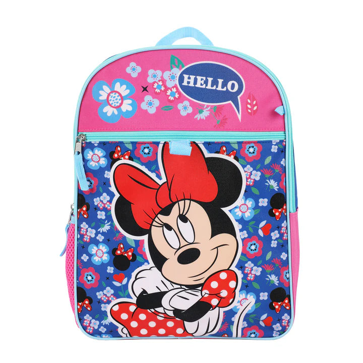Minnie Mouse Floral Print Kids 16-Inch Backpack with Matching Lunch Box 5-Piece Set - Perfect for School, Travel & Disney Theme Parties