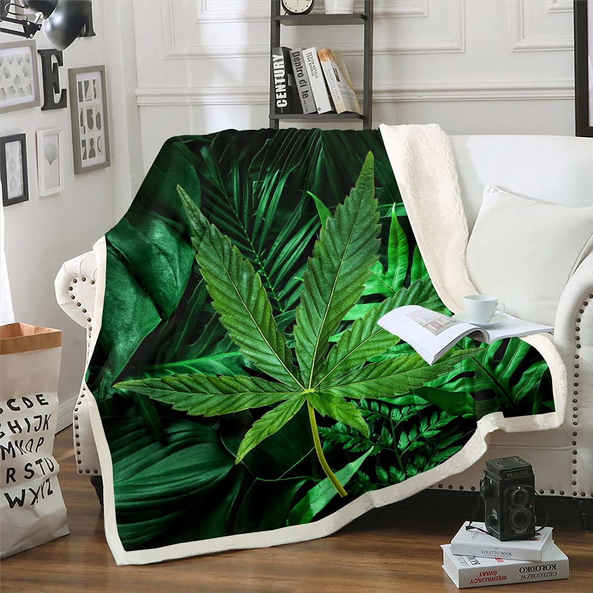 Soft Sherpa Fleece Blanket with Cannabis & Tropical Leaf Design - 90
