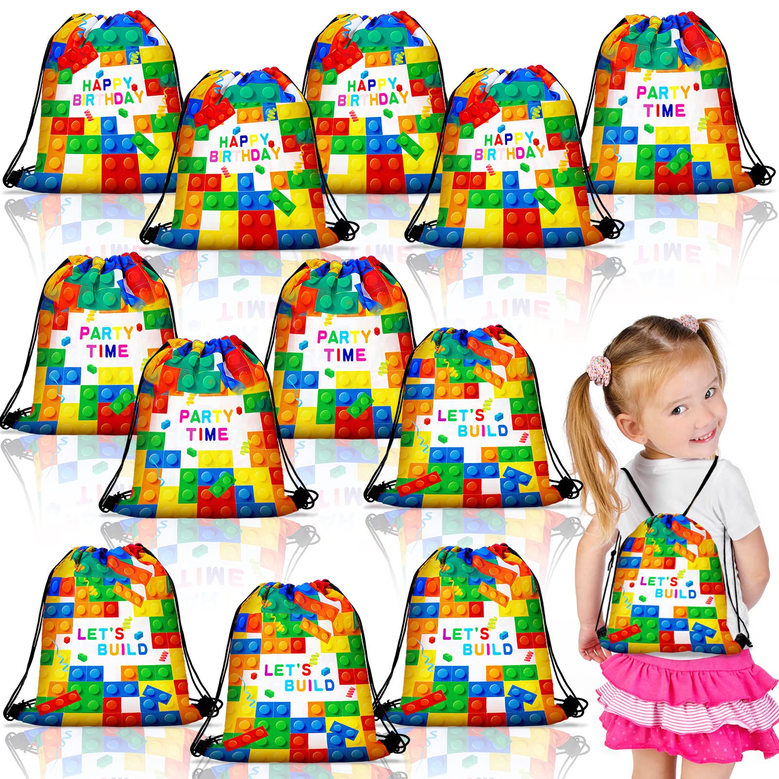 12 Pcs Building Block Party Favor Bags - Brick Theme Treat Bags for Kids Birthday Party, Baby Shower & Lego Themed Events | Colorful Drawstring Gift Bags for Goodies & Decorations | Perfect for Classroom Rewards, Party Favors & DIY Craft Projects