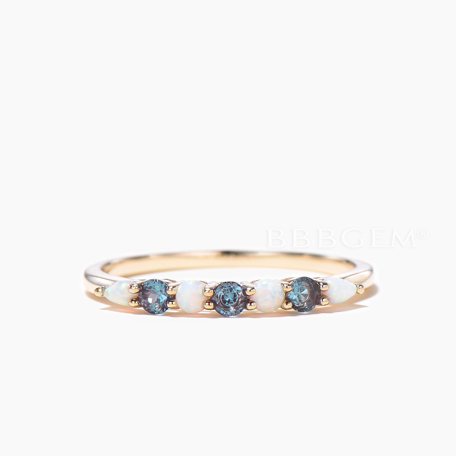 Color Changing Alexandrite & White Opal Mixed Cut Wedding Ring - Eternity Band for Women, Engagement, Anniversary & Bridal Jewelry Gift