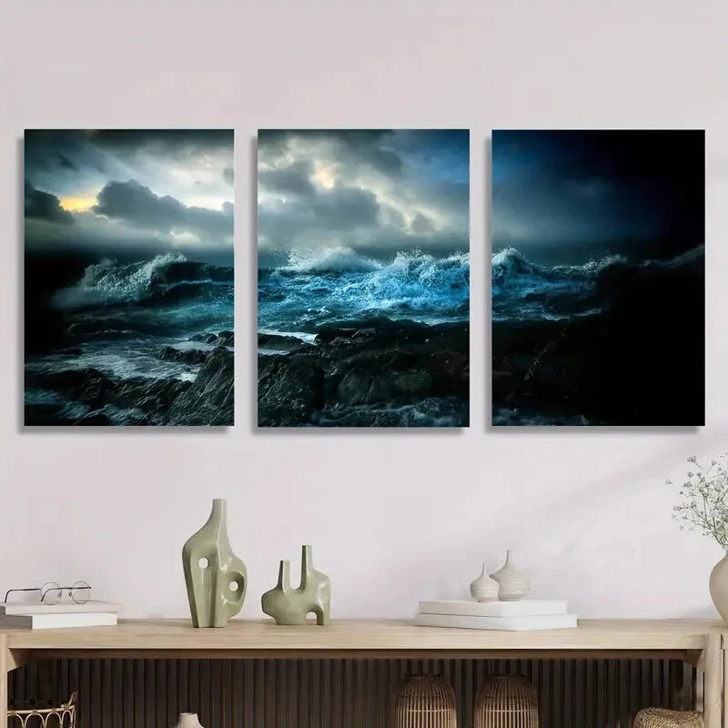 3-Piece Deep Blue Ocean Waves at Night Metal Wall Art - Ready to Hang Home Decor for Living Room, Bedroom & Office