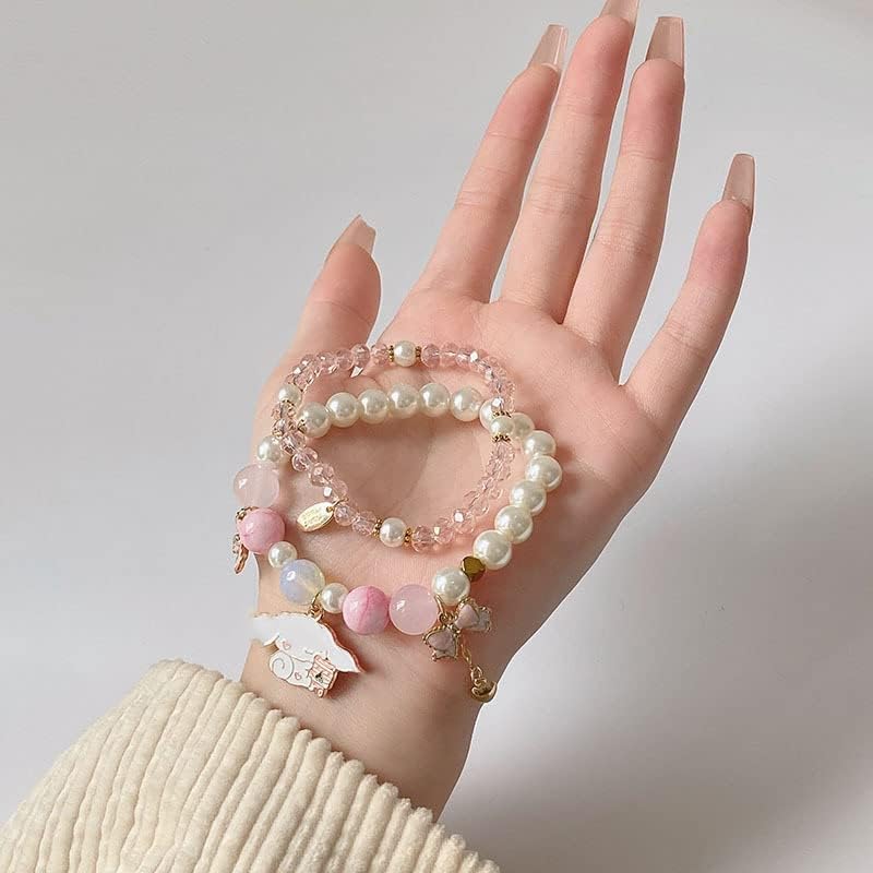**Elastic Cartoon Crystal Beads Pearl Bracelets - Cute Kawaii Adjustable Beaded Strand Bracelets for Women & Girls - Graduation Charm Bracelet Gift for Kids - Perfect for Parties, School, and Everyday Wear**