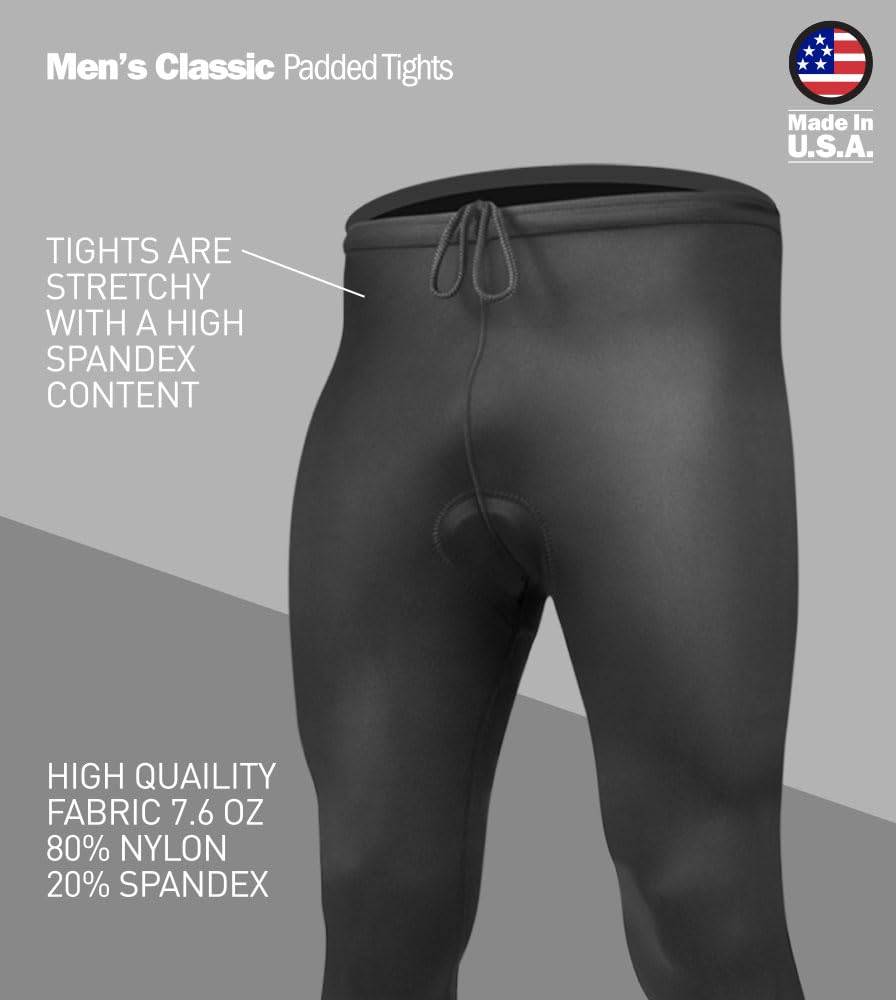 Men's USA Classic Padded Cycling Tights - Black Compression Spandex Bike Shorts | Breathable & Moisture-Wicking | Made in USA | Perfect for Road Biking, Mountain Cycling & Indoor Training