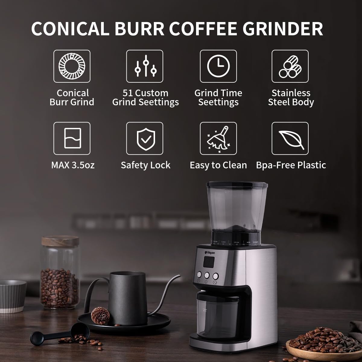 Premium Stainless Steel Electric Coffee Grinder - 51 Precise Grind Settings & Timer for Espresso, Drip, Pour Over, Cold Brew & French Press - 120V 165W - Perfect for Home Baristas & Coffee Enthusiasts