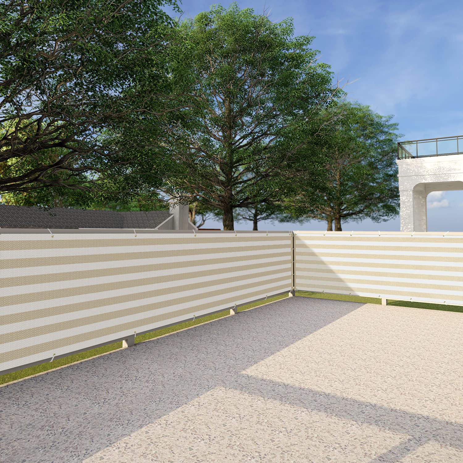 3'x58' Outdoor Privacy Screen for Patio, Deck, Balcony, Yard & Pool Fence - Beige & White Strips with Zip Ties - Perfect for Backyard Privacy, Porch Screening & Chain Link Fence Cover