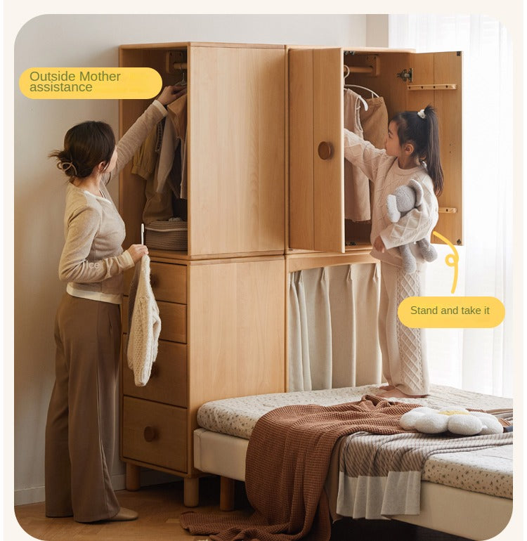 Solid Wood Beech & Rubber Kids Wardrobe - Multi-Functional Storage Cabinet for Bedroom, Nursery, and Playroom Organization