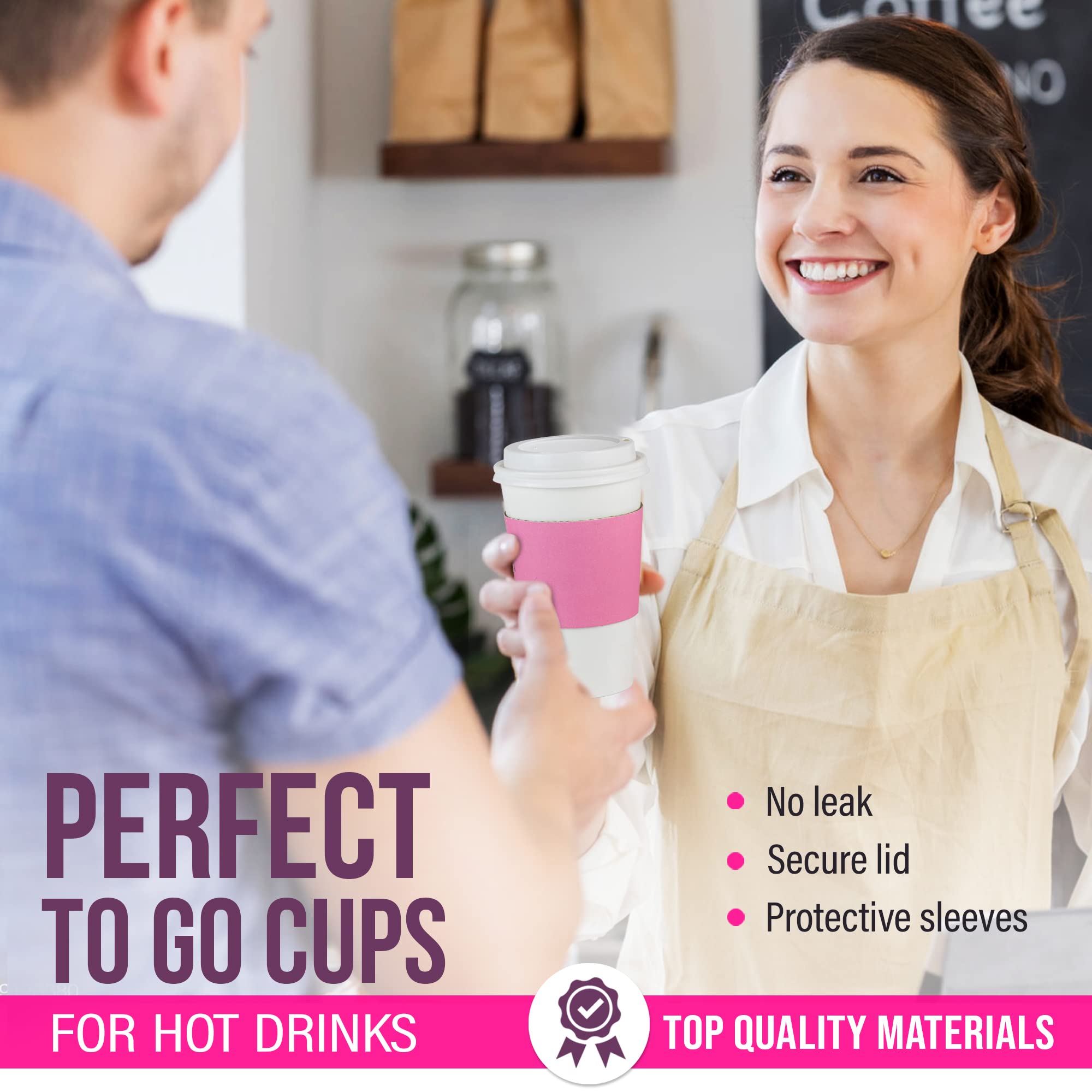 500 Pack 16oz Disposable Coffee Cups with Lids & Pink Sleeves - Lead-Free Sturdy To-Go Hot Paper Cups for Coffee, Tea, Hot Chocolate - Perfect for Parties, Weddings, Birthdays, Office & Cafes (White Lids)