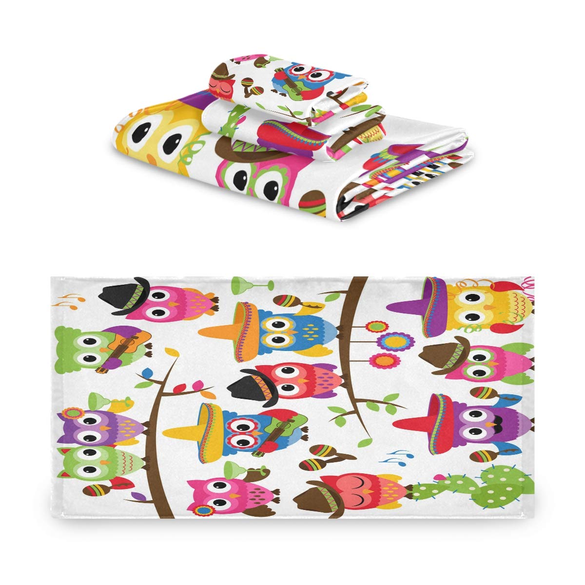 WELLDAY 3-Piece Quick Dry Towel Set - Super Absorbent Bath Towels for Sports, Gym, Travel & Yoga - Soft & Lightweight Owls Design - Perfect for Cinco de Mayo, Beach & Home Use