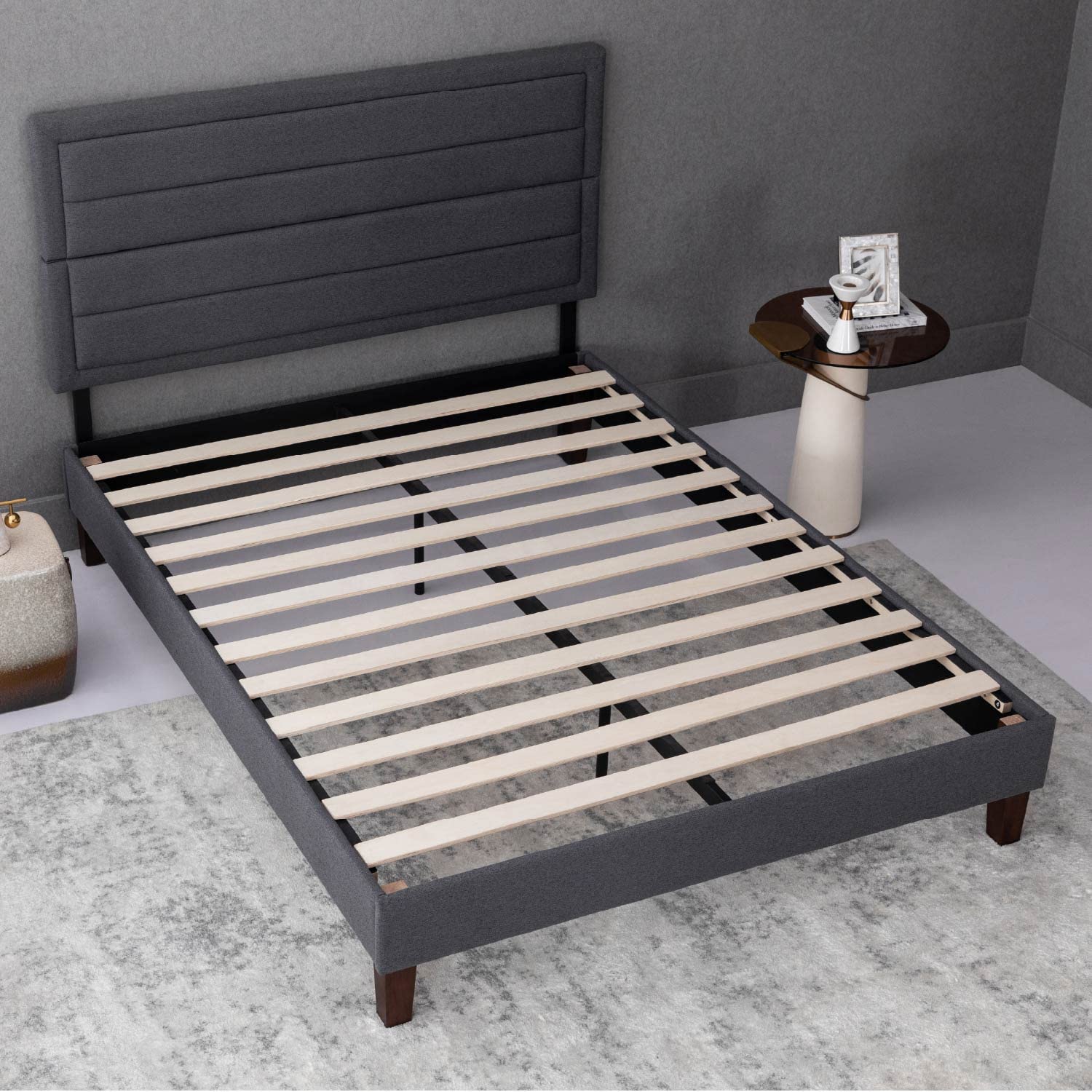 EGO Twin Upholstered Bed Frame with Headboard - Modern Platform Bed with Wood Slat Support, No Box Spring Needed - Easy Assembly Dark Grey - Perfect for Small Bedrooms, Guest Rooms & Dorm Rooms