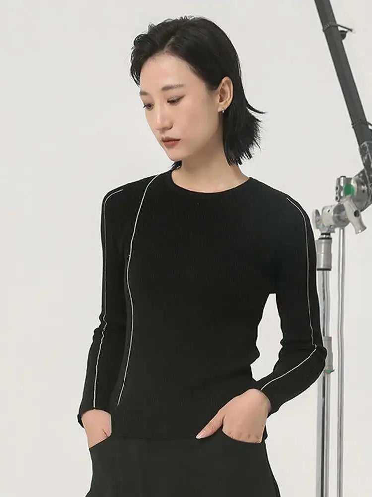 Black Slim Knit Sweater for Women - Round Neck Long Sleeve Pullover | Fashion Block Design for Spring & Autumn 2025 (Style 1DH2083) | Perfect for Office Wear, Casual Outings & Date Nights