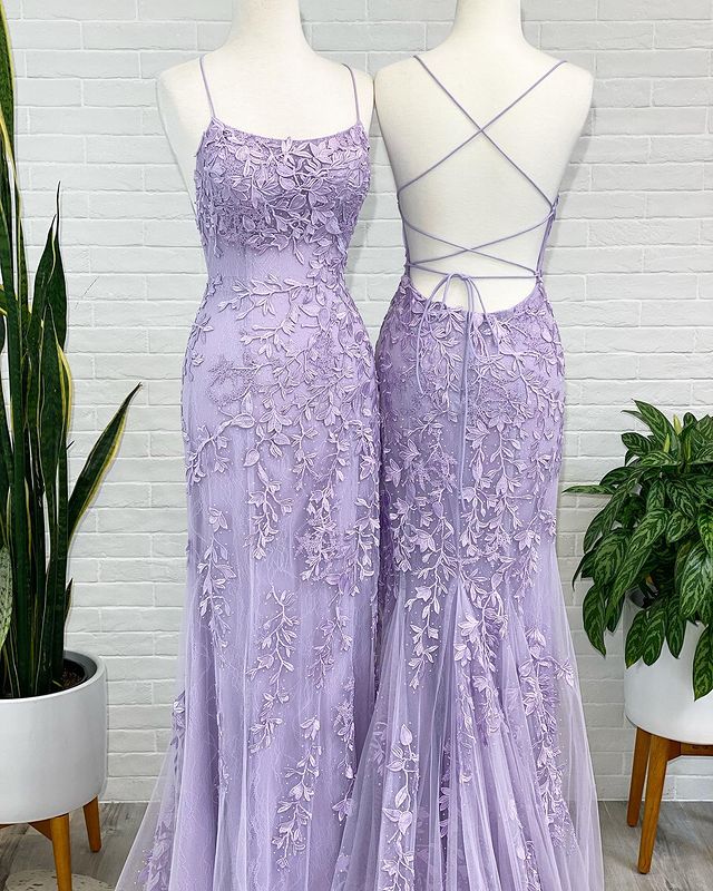 Lavender Lace Corset Prom Dress - Elegant Mermaid Scoop Neck Evening Gown with Beading | Perfect for Homecoming, Prom, Wedding & Formal Events