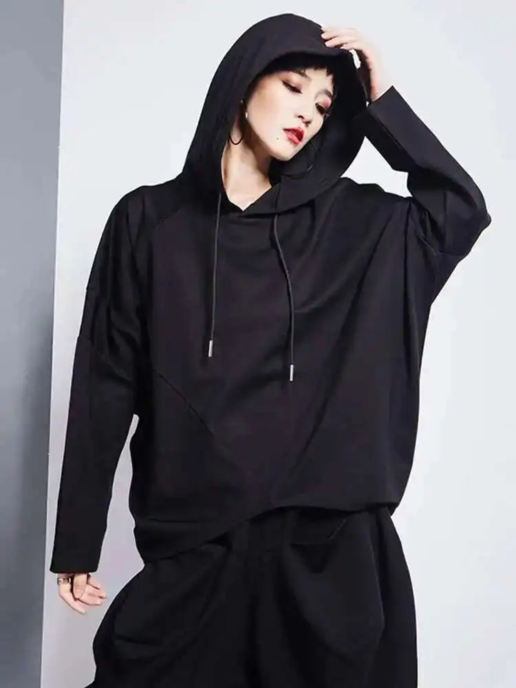 Black Asymmetrical Hem Hooded Sweatshirt for Women - Oversized Long Sleeve Pullover | Trendy Spring & Fall Fashion 2025 | Casual Wear, Street Style, Lounge Outfits
