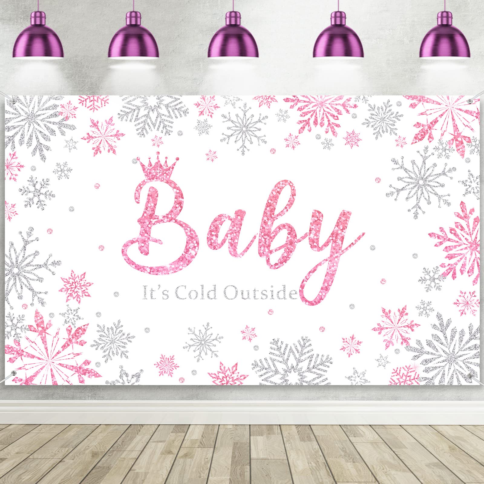 Tegeme Winter Wonderland Photography Backdrop - 5.9x3.6ft Pink Snowflakes Baby Shower Decor for Girls Birthday Party, Baby It's Cold Outside Theme - Perfect for Winter Baby Showers, Newborn Photos & Holiday Celebrations