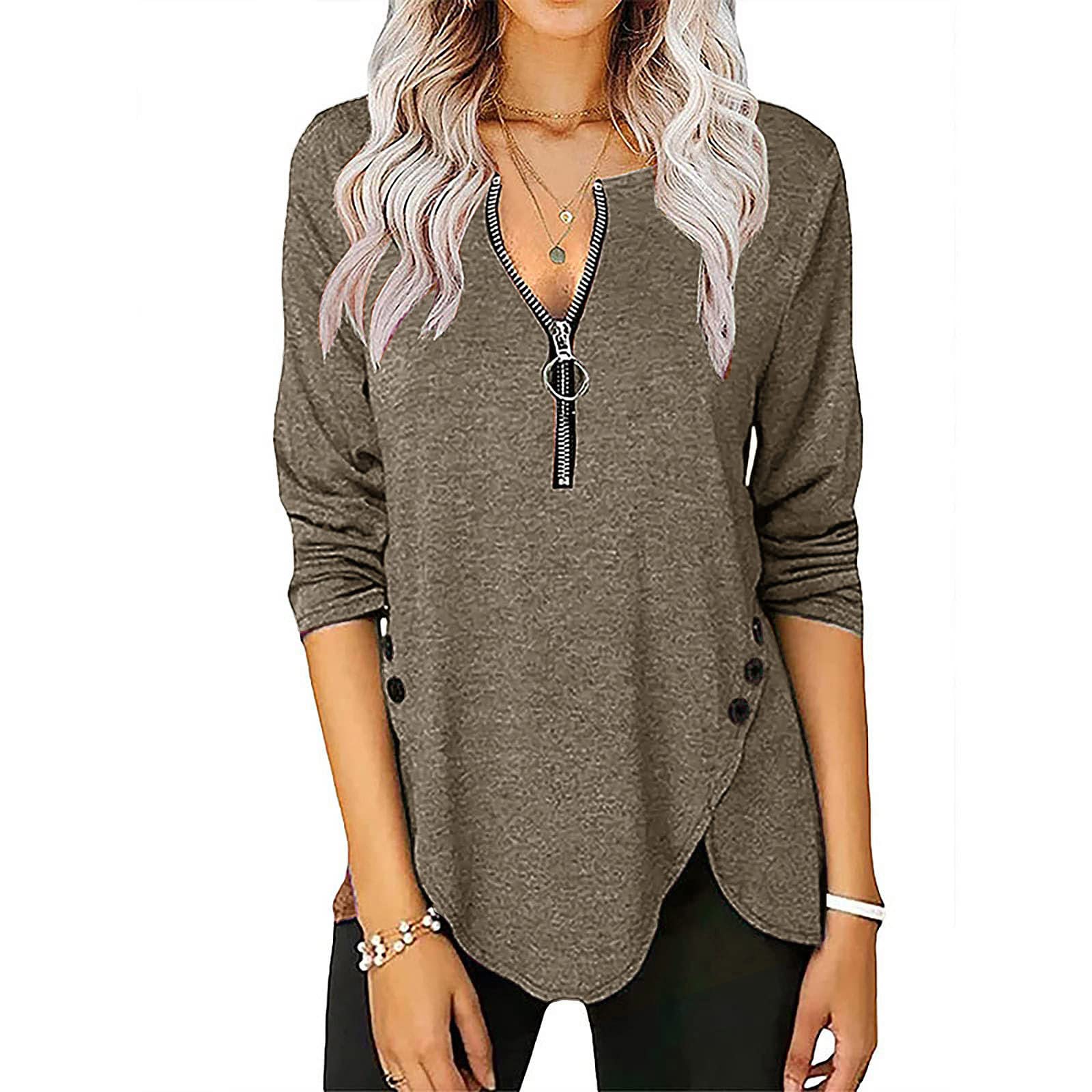 Women's Summer Casual Long Sleeve Zip Up Button Hem Flowy T-Shirt - Solid Color Blouse for Everyday Wear | Perfect for Office, Outings & Date Nights