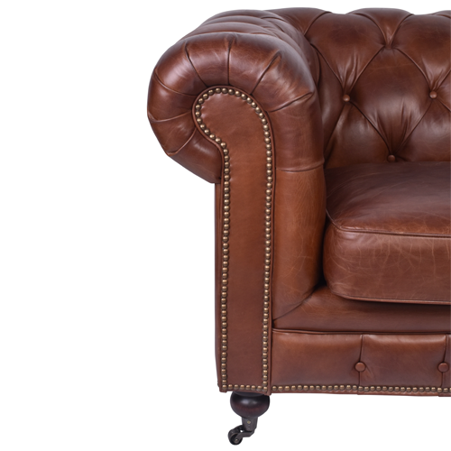 Belton Leather Chesterfield Armchair - Aged Brown Distressed Leather Wingback Chair for Living Room, Office & Library | Classic English Style Furniture for Home Decor