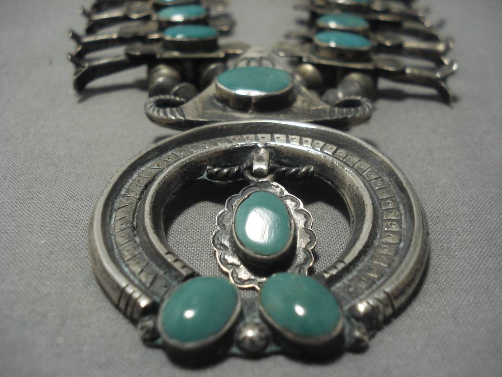 Vintage 1940s Navajo Native American Squash Blossom Necklace - Sterling Silver with Royston Turquoise | Southwest Jewelry for Women, Boho Fashion Accessory, Wedding & Special Occasion Gift