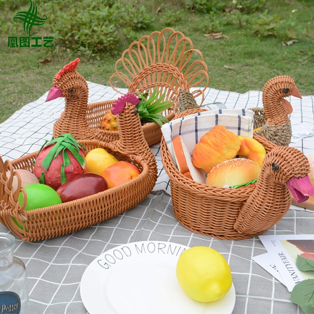 Peacock Turkey Duck Shape Rattan Woven Storage Basket - Fruit, Bread & Food Organizer for Kitchen, Pantry, and Dining Table Decor