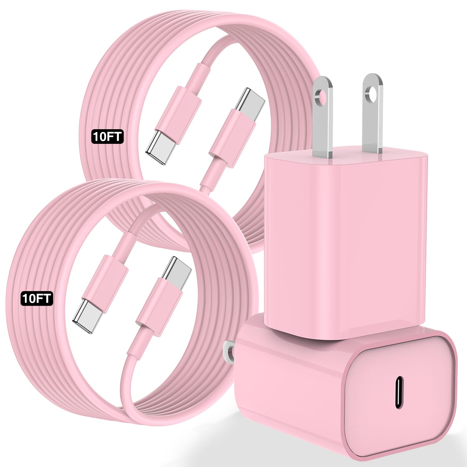 Fashia 10FT USB C Fast Charging Cable & 20W Power Adapter for iPhone 16/15 Pro Max/Plus, iPad Pro/Air/Mini - Pink | Quick Charge for Home, Office & Travel