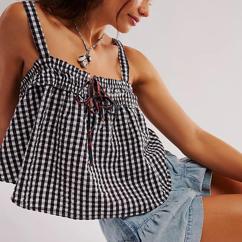 Y2K Women's Plaid Tank Top - Cute Gingham Tie Front Sleeveless Backless Peplum Camisole for Summer | Streetwear Fashion, Going Out Tops, Casual Outfits & Party Wear
