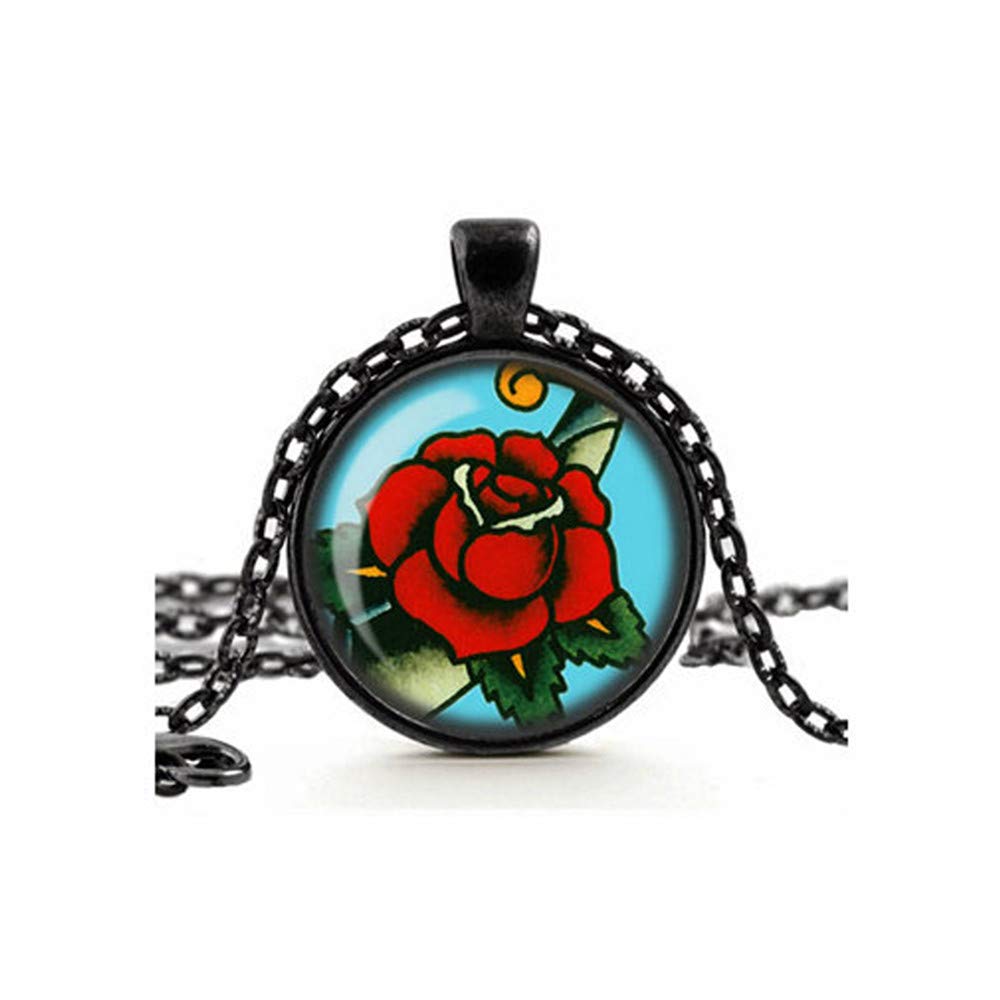 Dandelion Red Rose Necklace - Vintage Sailor Jerry Tattoo Inspired Glass Cameo Pendant | Rockabilly Retro Jewelry for Women | Perfect for Gothic Fashion, Tattoo Lovers & Vintage Style Accessories