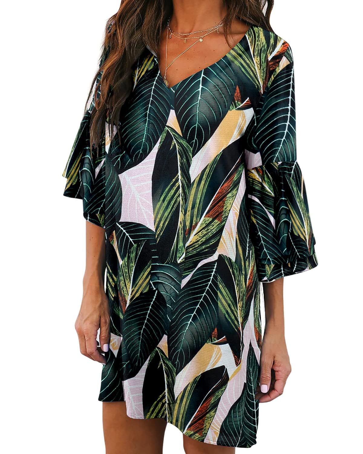 BELONGSCI Women's 2025 Summer Floral V-Neck Bell Sleeve Shift Mini Dress - Sweet & Cute Casual Sundress for Beach, Wedding, Graduation, Party & Date Night