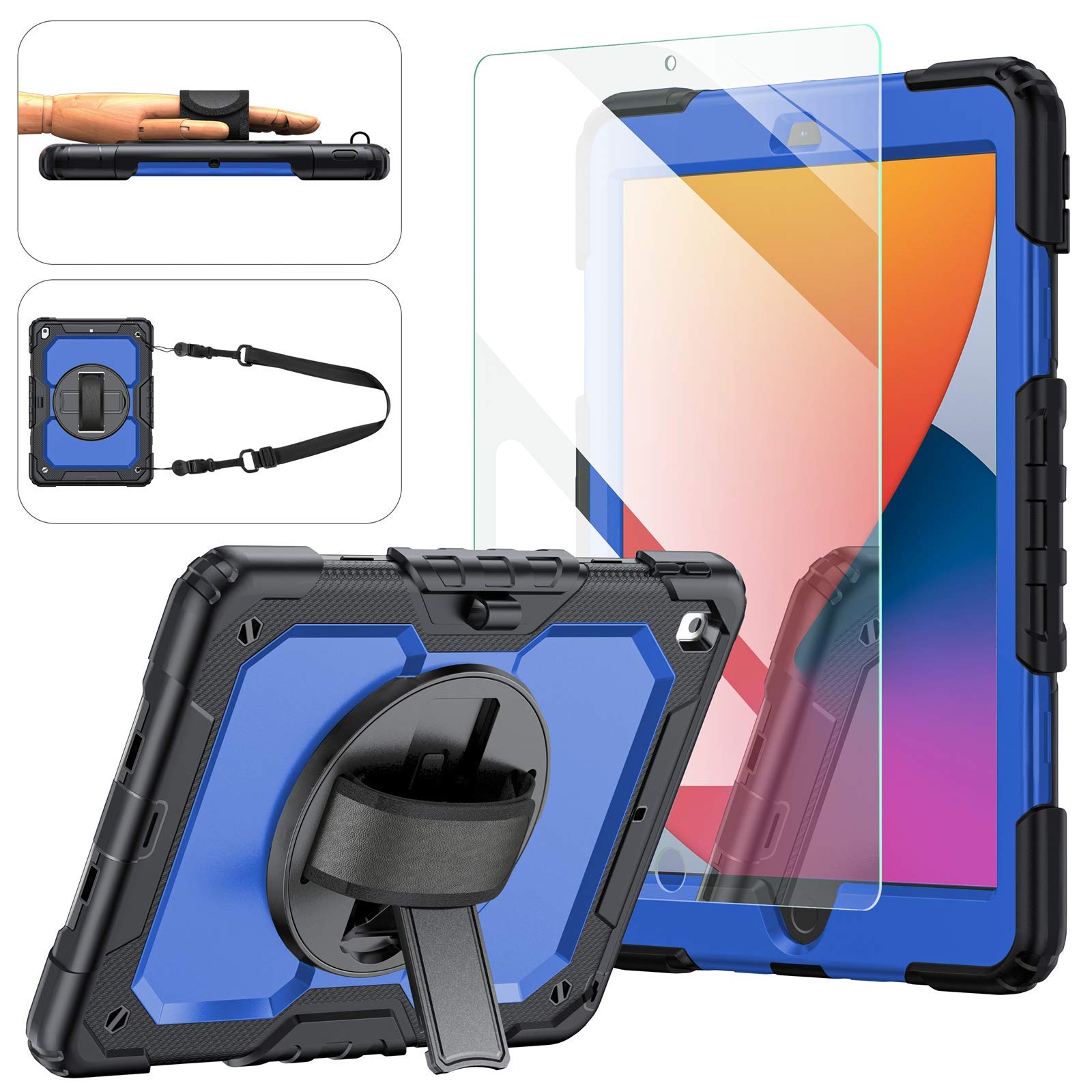 Premium iPad 9th/8th/7th Generation Case (10.2 Inch 2021/2020/2019 Models) - 360° Rotatable Hand Strap & Kickstand, Full Body Shockproof Protection with Tempered Glass Screen Protector & Apple Pencil Holder (Blue & Black) - Perfect for Work, School & Travel