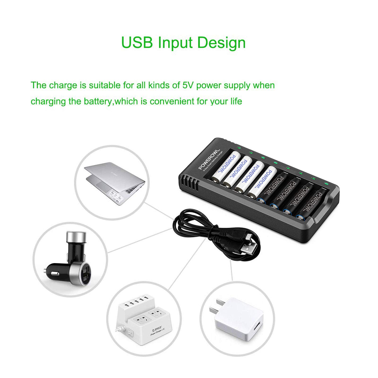 POWEROWL AAA Rechargeable Batteries 8-Pack with Charger - 1000mAh High Capacity Ni-MH Low Self Discharge Batteries & Smart Charger for Toys, Cameras, Flashlights, and Electronics - Perfect for Home, Office, and Travel Use