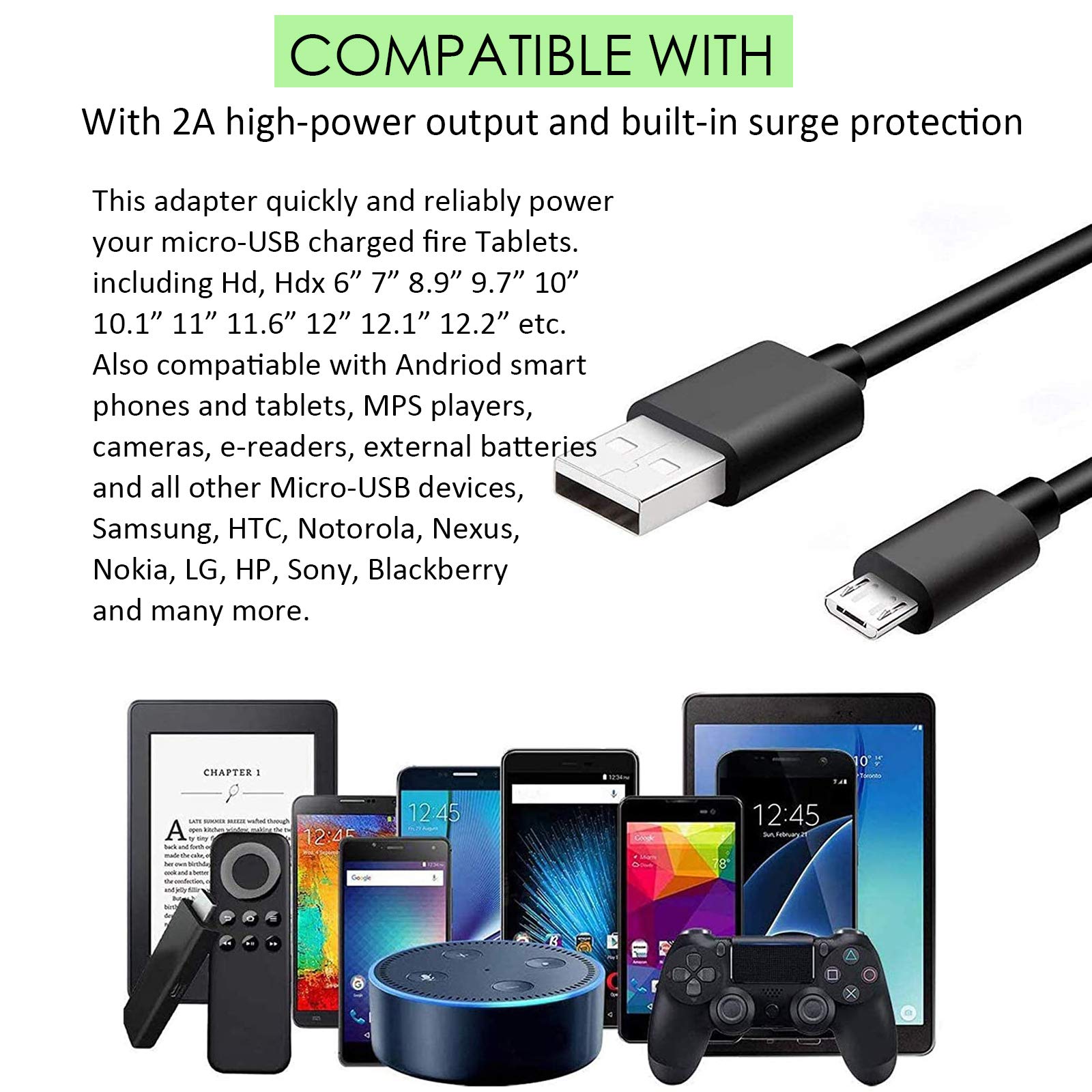 Fast Charger for Kindle Fire - 5V 2A USB Wall Charger with 10Ft Micro USB Cable | Compatible with Kindle Fire HD, Fire 7/8/10 & HDX Tablets (6
