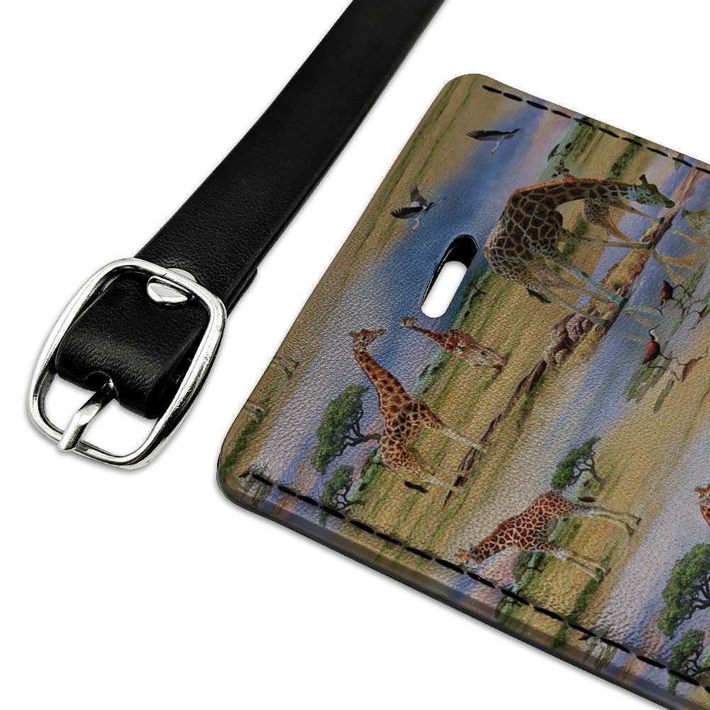 Giraffe Family African Animals Pattern Rectangle Leather Luggage Tag & ID Holder - Perfect for Travel, Suitcases, Backpacks and Passport Identification