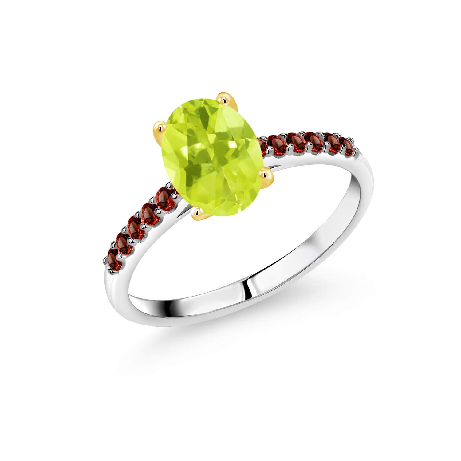 1.34 Ct Lemon Quartz & Red Garnet 10K White Gold Ring with Yellow Gold Prongs - Elegant Gemstone Jewelry for Women, Perfect for Weddings, Anniversaries & Special Occasions