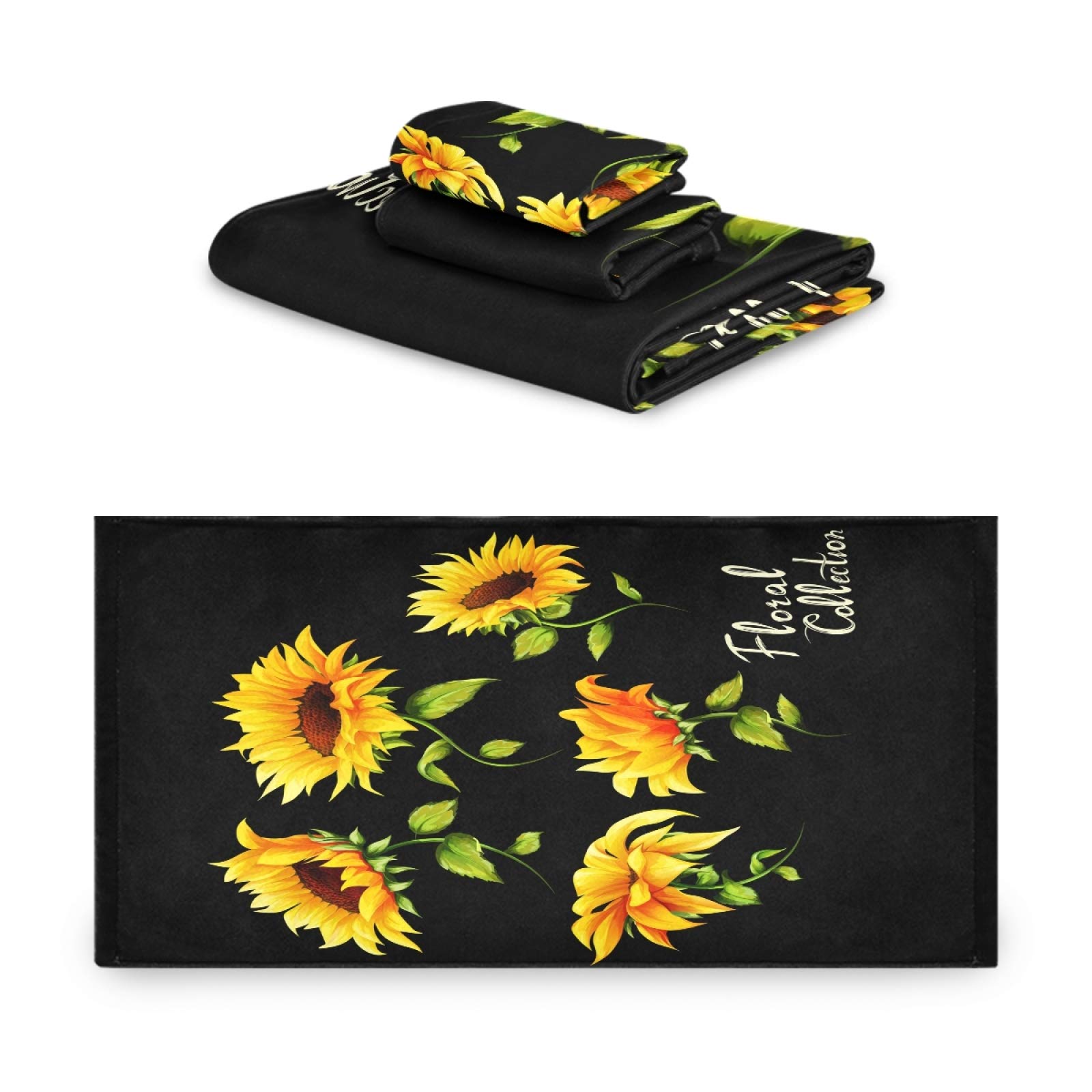 ALAZA Luxury Sunflower Floral Black Bath Towel Set - 3 Piece (Bath Towel, Hand Towel, Washcloth) - Ultra Soft & Absorbent for Bathroom, Hotel, Gym, Yoga, Spa - Decorative & Multipurpose Home Essentials