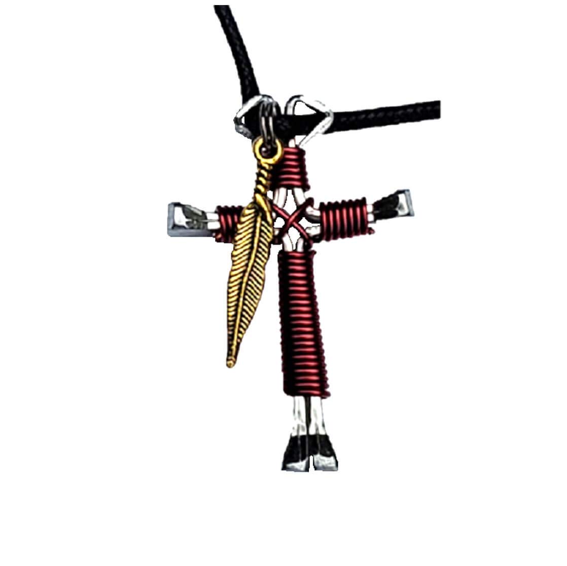 Burgundy Horseshoe Nail Cross Pendant Necklace with Gold Feather Charm - Perfect for Women's Fashion, Gift Giving & Spiritual Jewelry