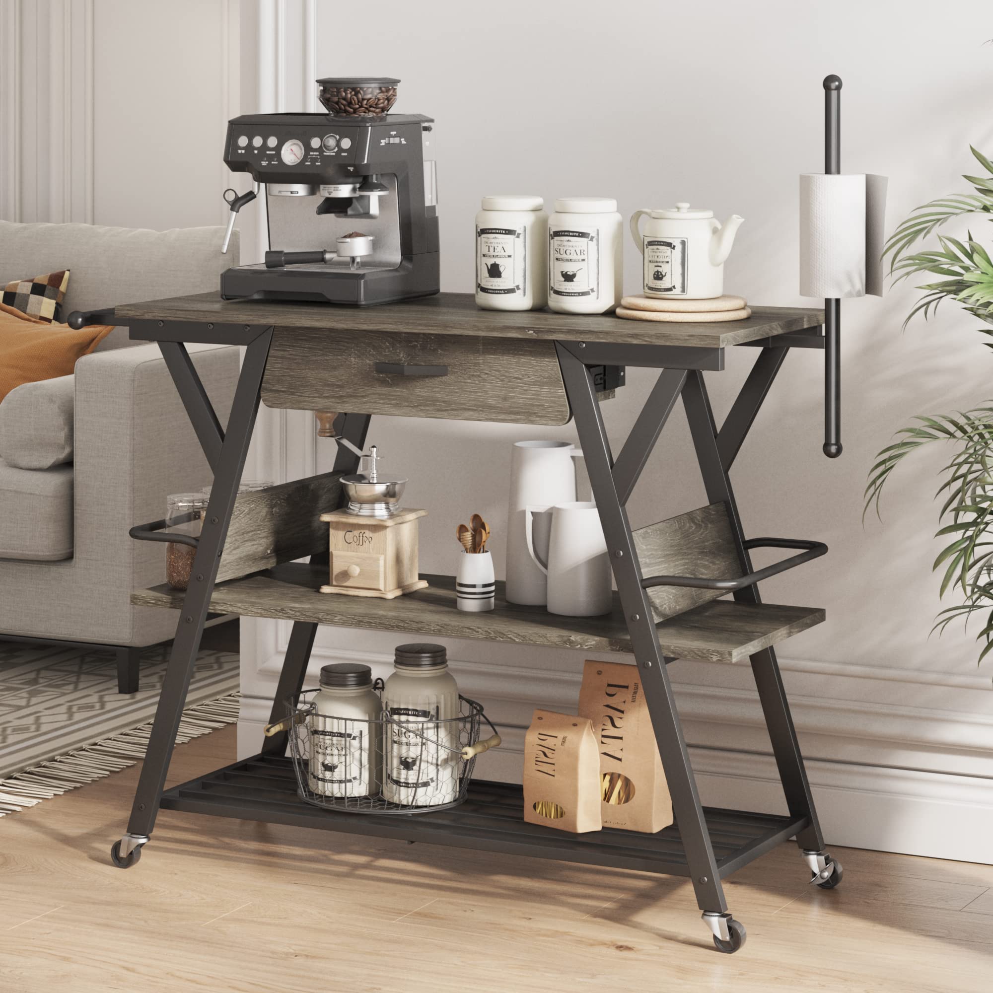 Bestier Kitchen Island Cart with Storage & Lockable Wheels - Coffee Bar Station with Drawer & Paper Towel Holder - Gray Bar Table for Dining Room, Living Room | Perfect for Home Coffee Making, Entertaining Guests & Small Space Organization