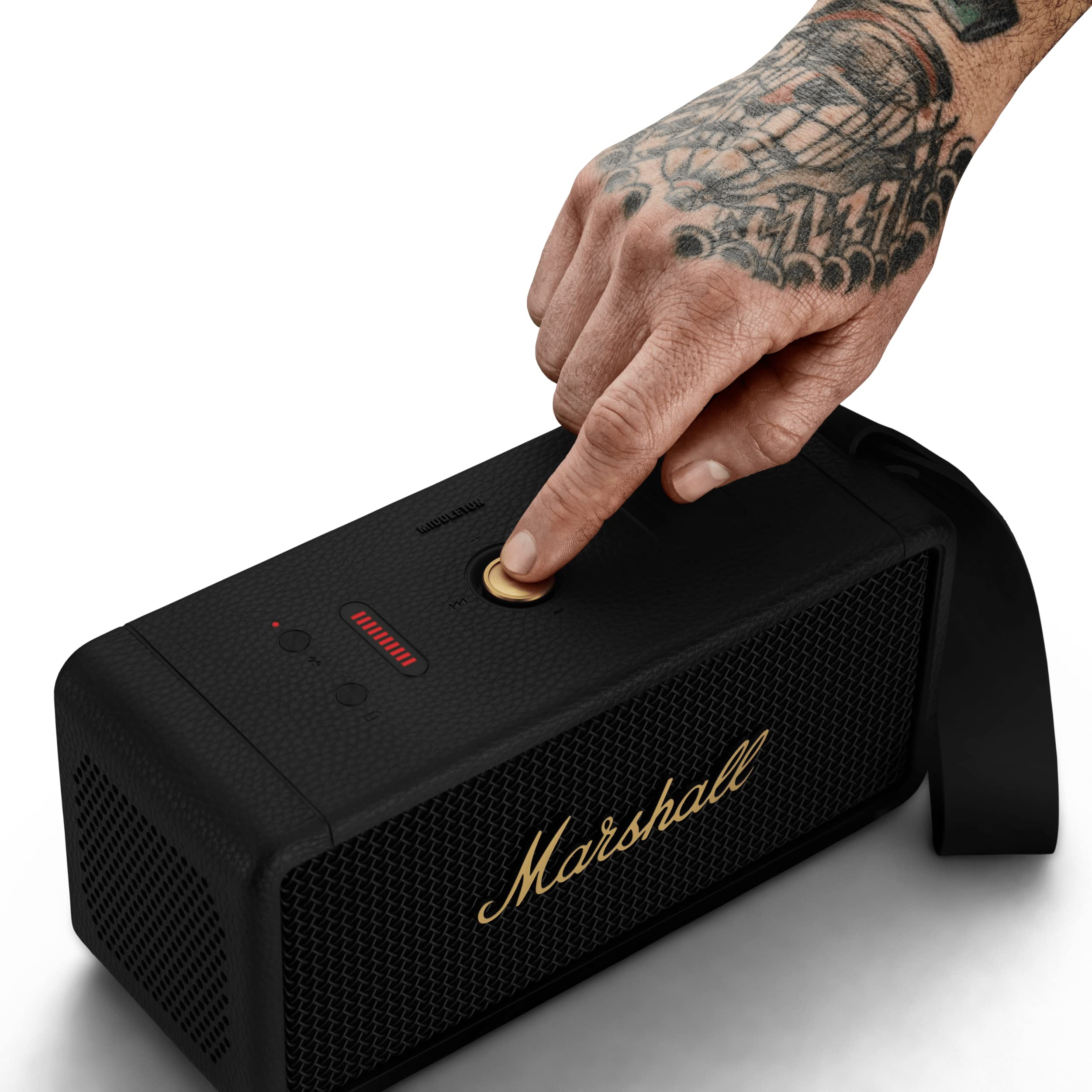Marshall Middleton Portable Bluetooth Speaker - Wireless Outdoor Speaker with Rich Bass, IP67 Waterproof, 20+ Hours Playtime - Perfect for Travel, Camping, Beach & Home Use (Black & Brass)
