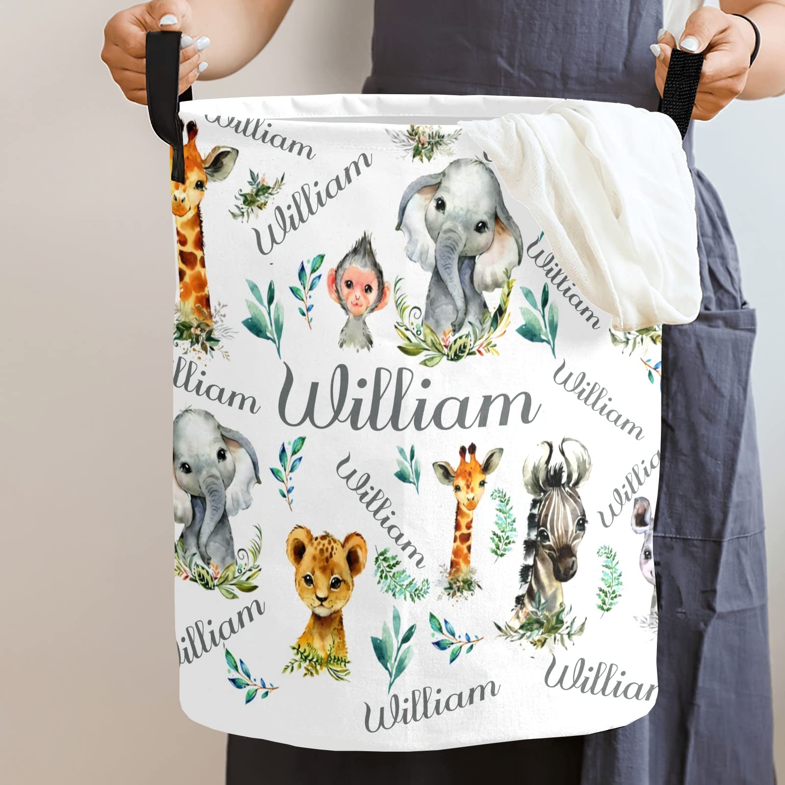 Personalized Safari Animal Laundry Hamper - Waterproof Collapsible Storage Bin with Drawstring & Handle for Clothes & Toys (50cm x 36cm) | Kids' Room Decor, Nursery Organization & Playroom Storage