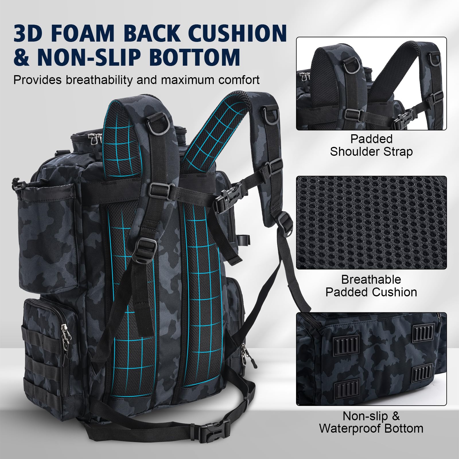 Goture 45L 600D Fishing Backpack with 4 Tackle Boxes & Rod Holders - Waterproof Large Fishing Gear Storage Bag with 8 Lure Pockets & Rain Cover - Perfect for Camping, Hiking, Bass Fishing and Outdoor Adventures