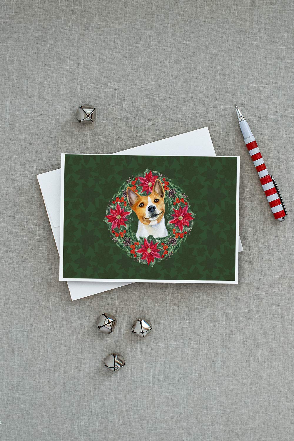 Basenji Poinsettia Wreath Greeting Cards - Pack of 8 Blank A7 Note Cards (5x7 Inches) with Envelopes | Whimsical Holiday Cards for Christmas, Thank You Notes & Seasonal Greetings