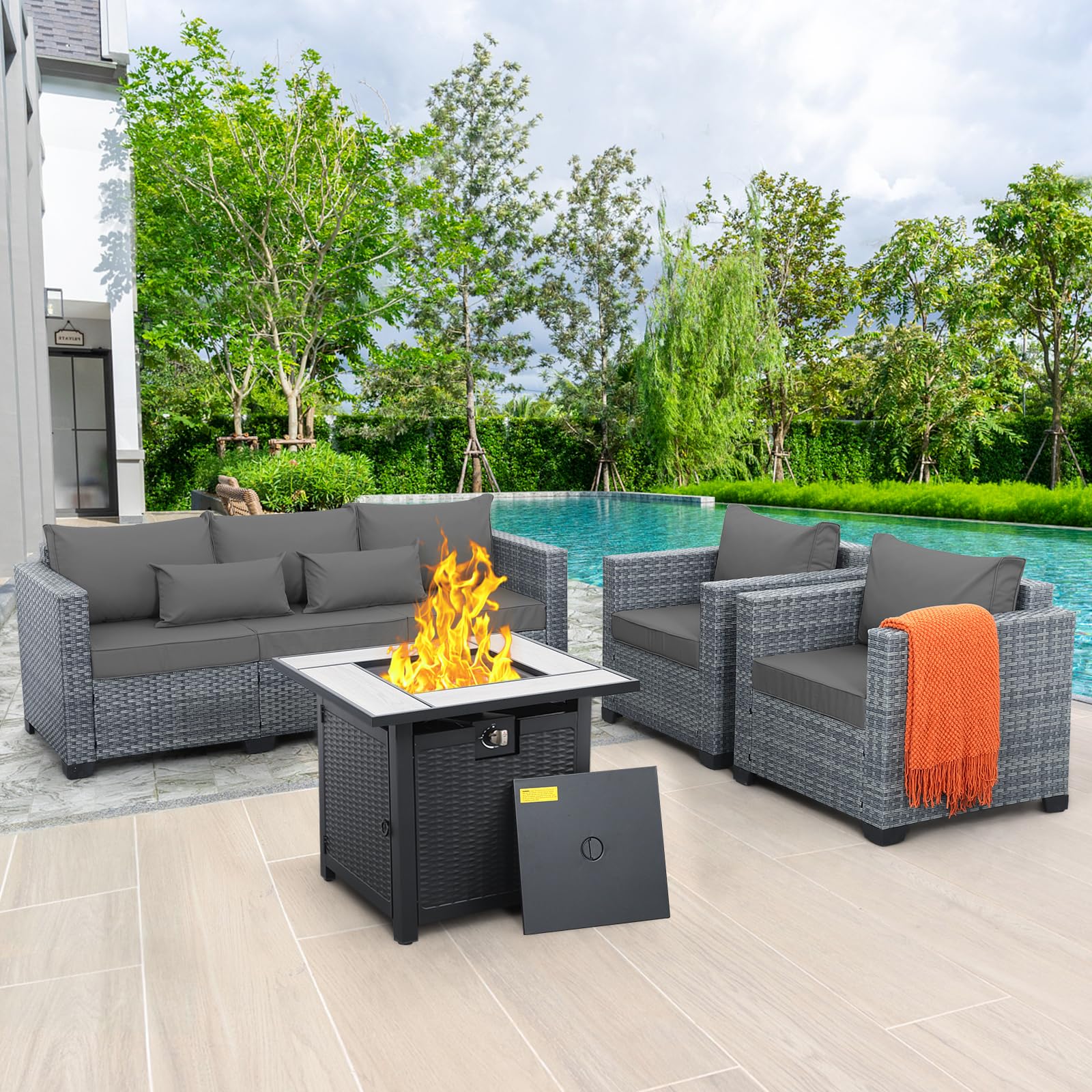 4-Piece Wicker Patio Furniture Set - Outdoor PE Rattan Sectional Sofa with Fire Pit Table & Gray Cushions - Perfect for Garden, Backyard, Poolside & Patio Relaxation