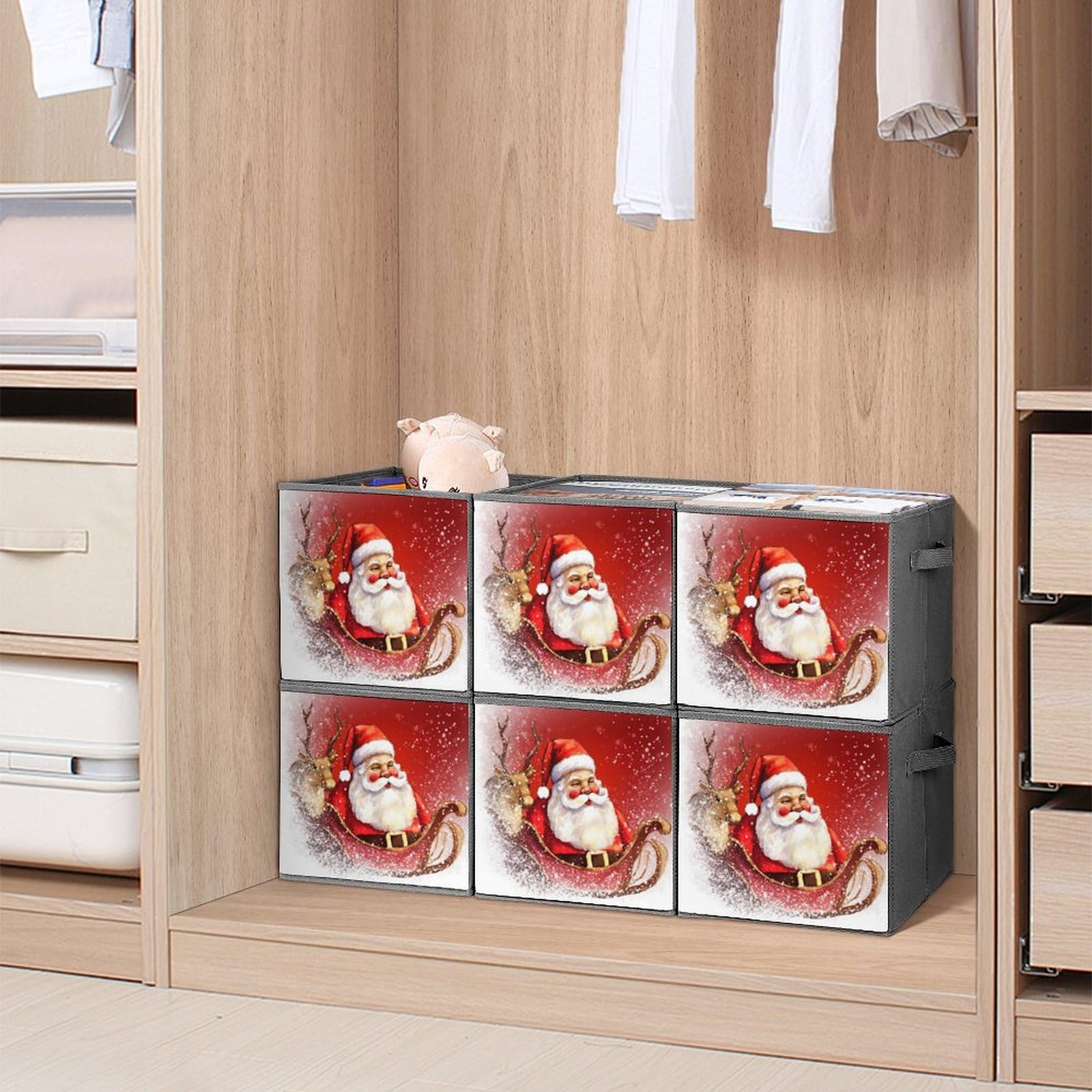 6-Piece Collapsible Christmas Santa Claus Printed Storage Bins with Handles - Foldable Organizing Baskets for Shelves, Closet & Home Organization | Holiday Decor Storage, Toy Organizer, Household Essentials