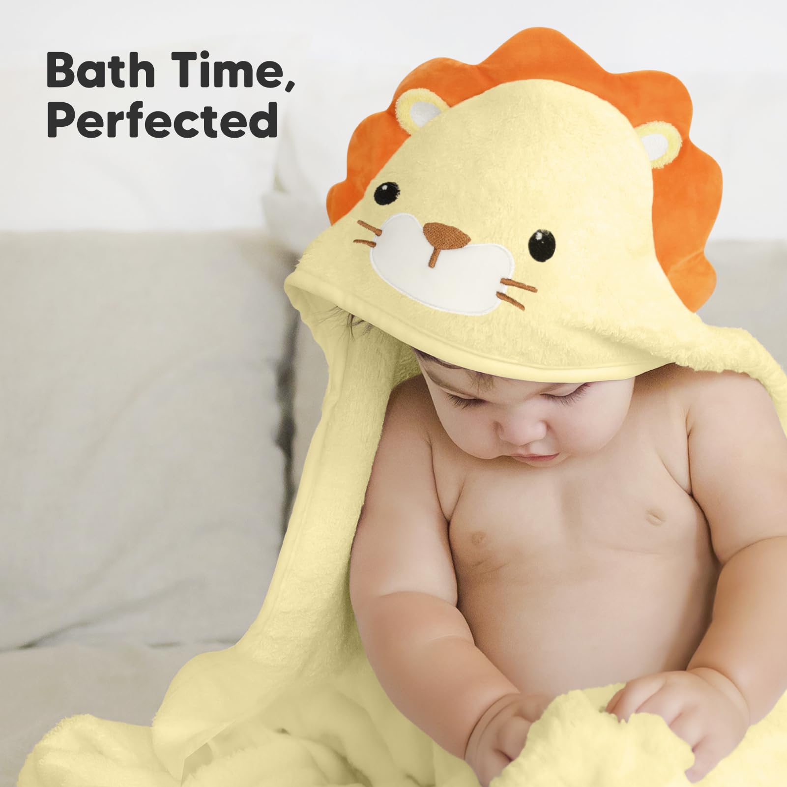Organic Hooded Baby Towel - 500GSM Large Bamboo Baby Towel Set with Hood for Newborns - Ultra Soft & Absorbent Shower Towel (Lion Design) - Perfect for Bath Time, Swimming & Spa Days