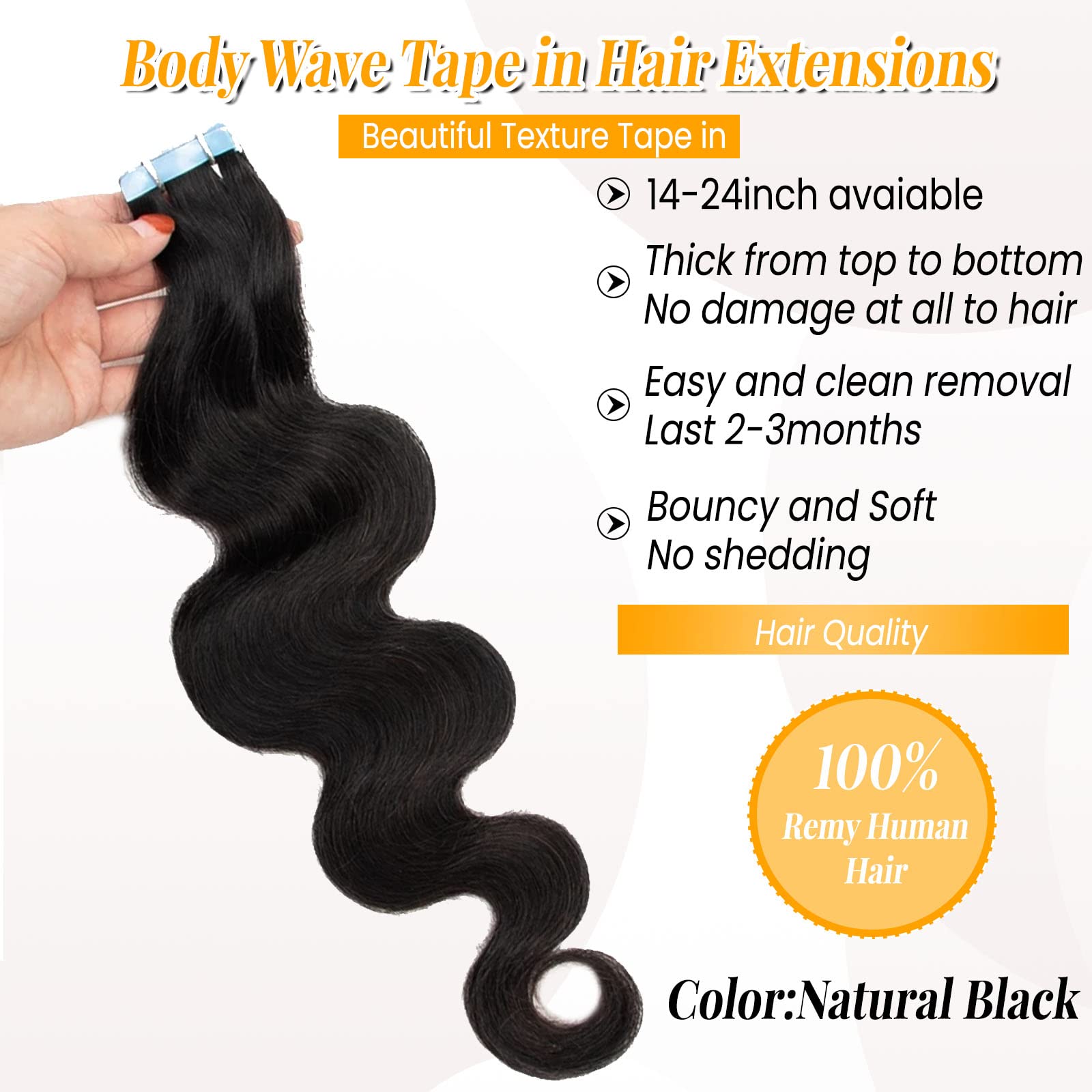 18 Inch Body Wave Tape in Hair Extensions - 100% Real Human Hair, Natural Black, Double Sided Skin Weft - 20pcs 50g for Black Women - Perfect for Daily Styling, Special Occasions & Volume Boost