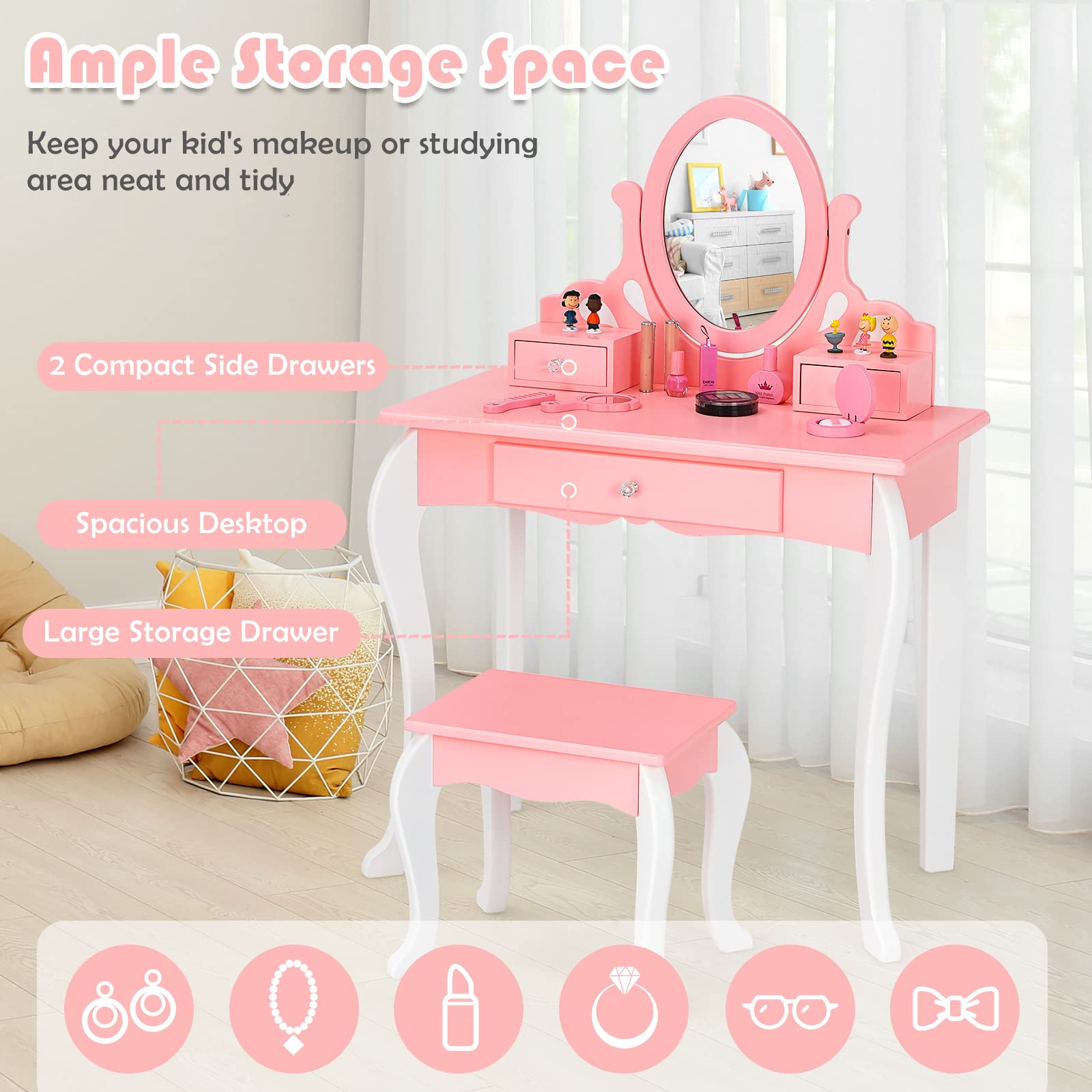 KOTEK 2-in-1 Wooden Princess Makeup Vanity Set with 360° Rotating Mirror, Detachable Top & Storage Drawers - Pink Kids Dressing Table with Stool for Girls | Pretend Play, Birthday Gift, Bedroom Decor, Toddler Room Furniture