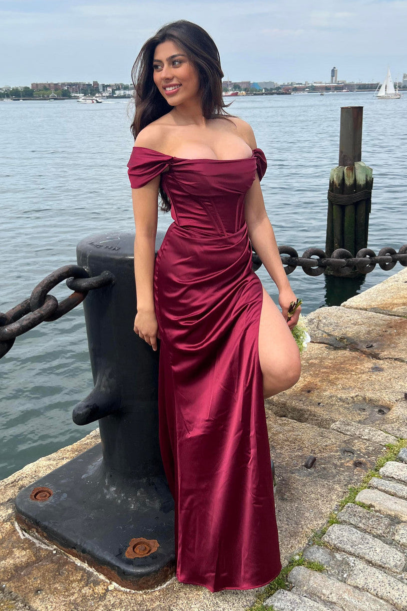 Luxury Burgundy Satin Off-the-Shoulder Corset Gown - Mabel Gown for Evening Parties, Prom, Red Carpet Events & Special Occasions