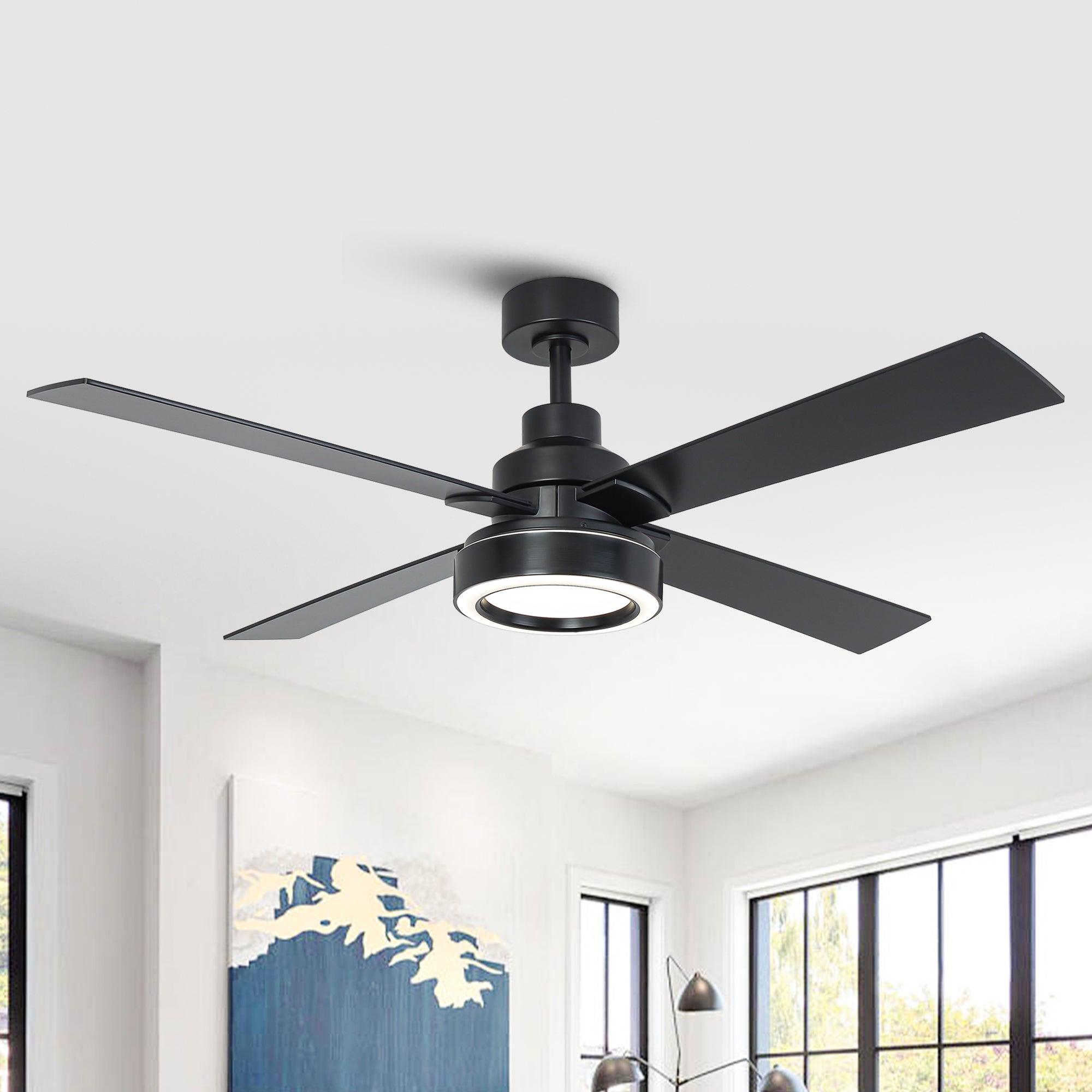 52 Inch Modern Ceiling Fan with LED Light & Remote Control - 4 Blades, DC Motor, Downrod Mount - Perfect for Living Room, Bedroom, and Office Spaces