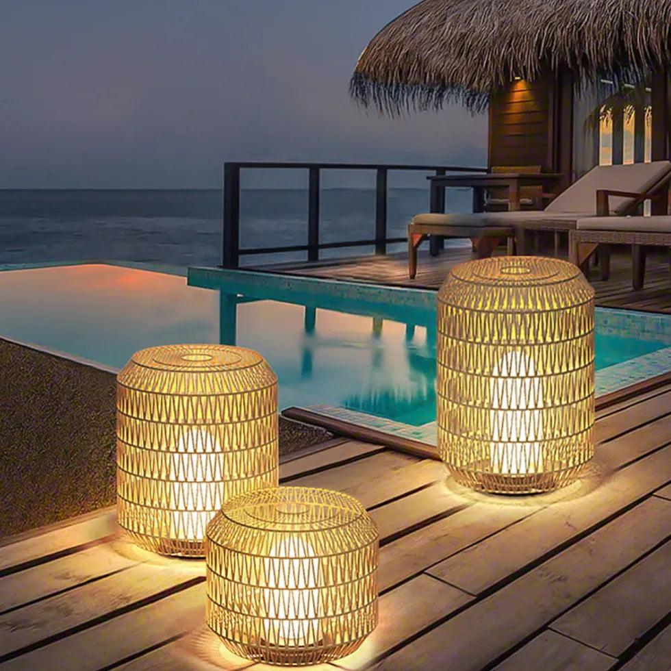 Handwoven Rattan Floor Lamp with LED Bulb - Modern Boho Indoor/Outdoor Lighting for Patio, Garden, and Living Room Decor