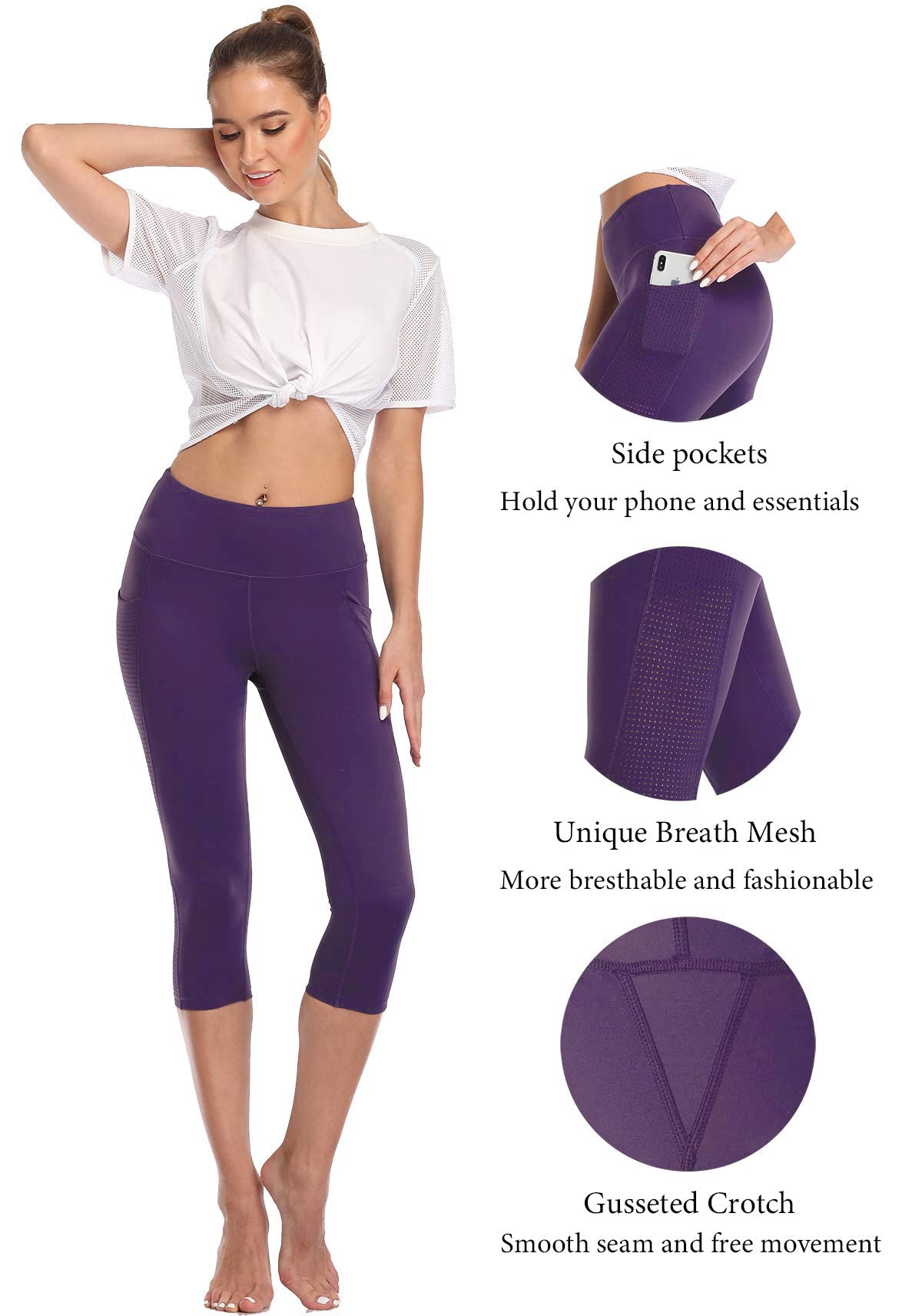 RAYPOSE Women's High Waist Workout Leggings with Pockets - Plus Size Gym Yoga Capri Pants with Mesh Cut Out Design for Running, Training & Lounge Wear
