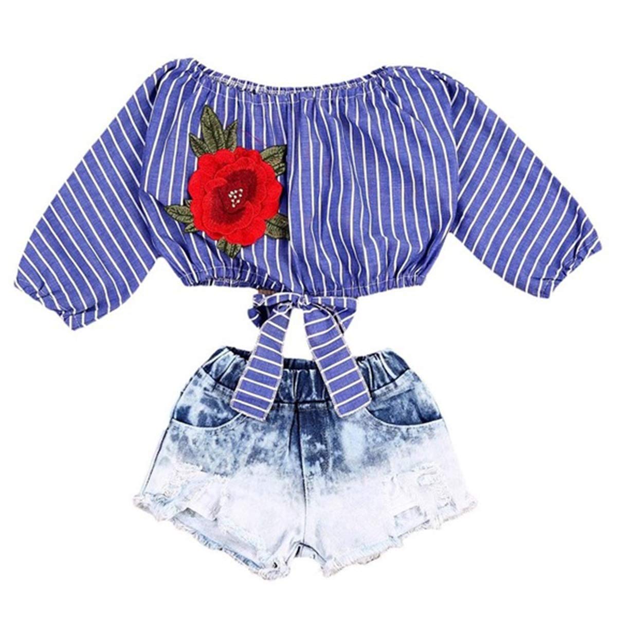 Tianhaik 1-5T Girls' Fashion Outfit Set - Rose Embroidered Stripe Off-Shoulder Top & Denim Shorts | Cute Summer Outfit for Toddler Girls, Playdates & Photoshoots