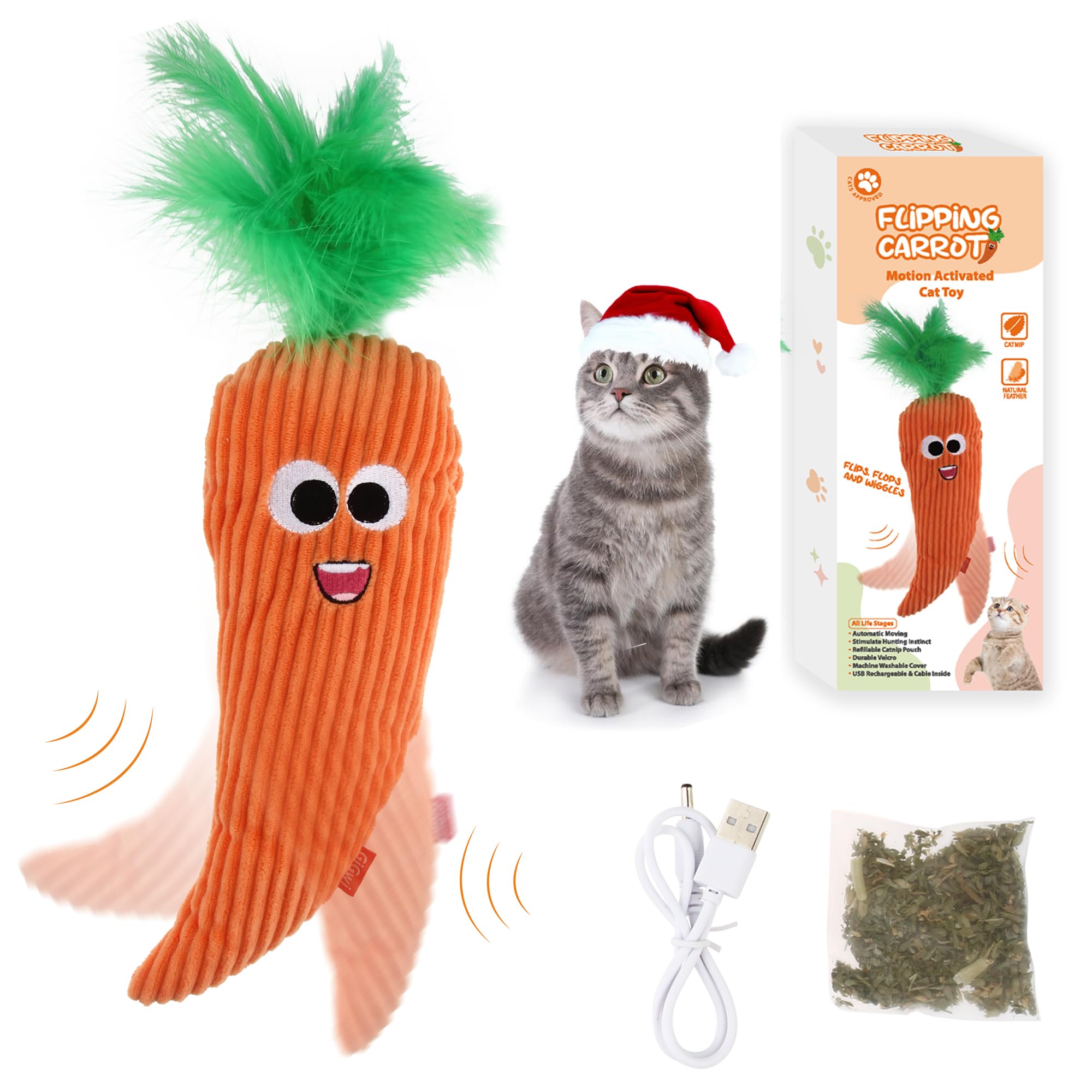 Gigwi Flapping Carrot Cat Toy with Catnip - USB Rechargeable Interactive Kitten Toy, Automatic Motion Cat Kicker & Chew Toy for Exercise - Perfect for Playtime, Training, and Indoor Cat Entertainment